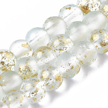 Frosted Spray Painted Glass Beads Strands, with Golden Foil, Round, Azure, 4~5mm, Hole: 0.9~1.2mm, about 95~103pcs/Strand, 13.78 inch~14.88 inch(35~37.8cm)
