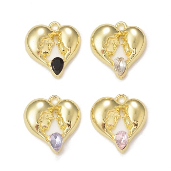 Rack Plating Alloy Glass Pendants, Golden, Heart Charms, Mixed Color, 19x18x4mm, Hole: 1.8mm