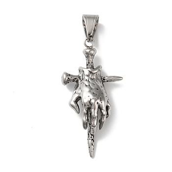 304 Stainless Steel Pendants, Cross with Ghost Hand Charm, Antique Silver, 47x24x11mm, Hole: 8.5x7mm