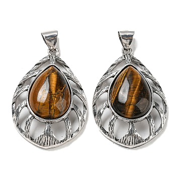 Natural Tiger Eye Pendants, Antique Silver Plated Alloy Teardrop Charms, 48.5x33x12~13mm, Hole: 8x6.5mm