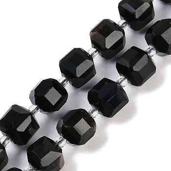 Natural Golden Sheen Obsidian Beads Strands, Faceted Table Cut Cube Beads, with Seed Beads, 8.5~9x9~9.5x9~9.5mm, Hole: 1mm, about 36~38pcs/strand, 15.35~15.55''(39~39.5cm)