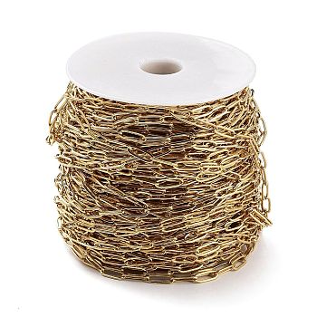 316L Surgical Stainless Steel Flat Paperclip Chains, Drawn Elongated Cable Chains, with Spool, Soldered, Real 18K Gold Plated, 12x4x1mm, about 164.04 Feet(50m)/Roll