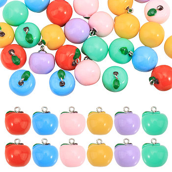 36Pcs 6 Colors Opaque Resin Pendants, Apple Charms with Platinum Plated Metal Loops, Mixed Color, 19x17.5mm, Hole: 2mm, 6pcs/color
