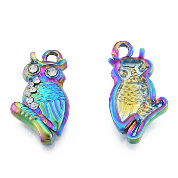 304 Stainless Steel Pendants, with Crystal Rhinestone, Owl, Rainbow Color, 20x11x3mm, Hole: 1.6mm