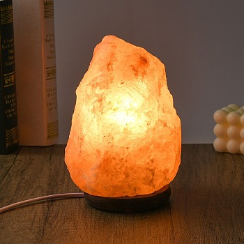Natural Himalayan Rock Salt Lamp, with Wood Base, 1 Power Cable(European Plug) & 1 Bulb, Nuggets, 120x107x200mm