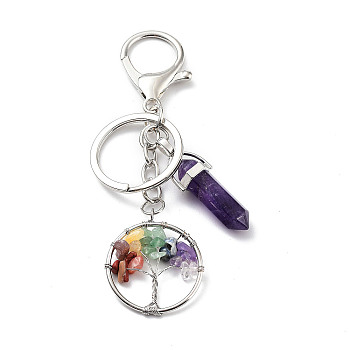 Natural Amethyst Keychain, with Platinum Plated Iron Split Key Rings, Tree of Life with Bullet, 10.2cm