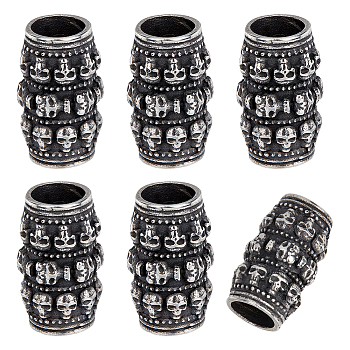 6Pcs 304 Stainless Steel Beads, Column with Skull, Antique Silver, 24x14mm, Hole: 8.5mm