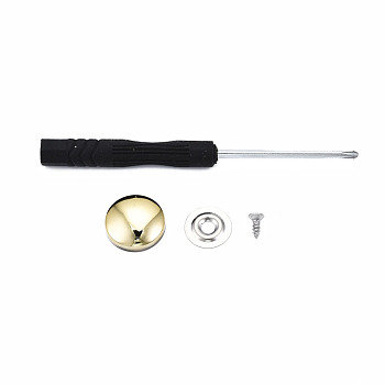 DIY Clothing Button Accessories Set, include 6Pcs Brass Craft Solid Screw Rivet, with Stainless Steel Findings and Plastic, Flat Round, and 1Pc Iron Cross Head Screwdriver, with Plastic Handles, Golden, 15x7mm