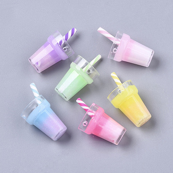 Imitation Juice Glass Pendants, Plastic Pendants, with Epoxy Resin and Polymer Clay, Glitter Powder, Mixed Color, 25~28x13mm, Hole: 1.4mm