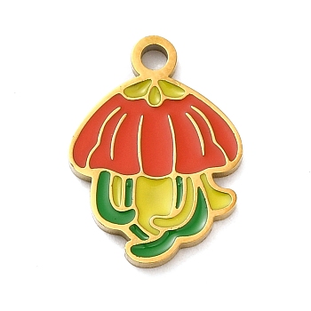 Ion Plating(IP) 304 Stainless Steel Enamel Pendants, Mushroom Charm, Real 18K Gold Plated, 16.5x12.5x1.5mm, Hole: 1.8mm