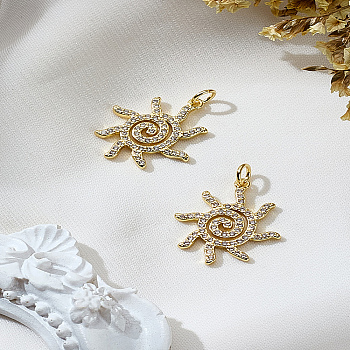 2Pcs Brass Micro Pave Clear Cubic Zirconia Pendants, Sun Charms, Cadmium Free & Lead Free, with Jump Ring, Real 18K Gold Plated, 22x18x2mm, Hole: 3.5mm