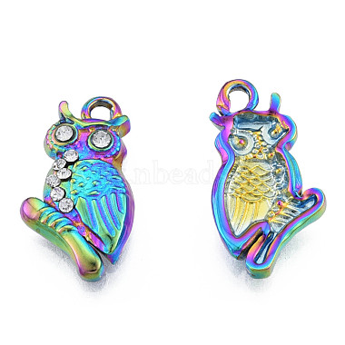 Rainbow Color Owl Stainless Steel+Rhinestone Pendants