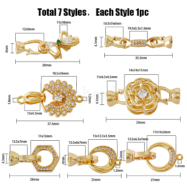 7Pcs 7 Styles Rack Plating Brass Micro Pave Clear Cubic Zirconia Fold Over Clasps(KK-FH0004-70)-2