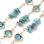 Handmade Brass Glass Square Link Chains, with Synthetic Turquoise Chip Bead for Necklaces Bracelets Making, Long-Lasting Plated, Soldered, with Spool, Golden, 20x4~6.5x3~5mm, about 16.40 Feet(5m)/Roll(CHC-F019-11G-04)