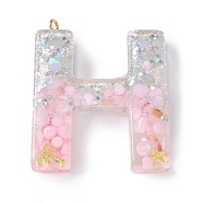 Resin Pendants, with Shell & Paillette & Gloden Alloy Loop, Letter A~B, Letter H, 42~44x11.5~57x7.5~8.5mm, Hole: 2mm(RESI-B029-01P-H)