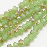 Electroplate Glass Faceted Rondelle Beads Strands, Imitation Jade, Half Plated, Dark Khaki, 8x5~6.5mm, Hole: 1mm, about 65~68pcs/strand, 15.7~16.1 inch(40~41cm)(EGLA-D020-8x5mm-58)
