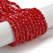 Opaque Glass Beads Stands, Faceted(32 Facets), Round, Red, 4mm, Hole: 0.7mm, about 94~93pcs/strand, 14.17''~14.37''(36~36.5cm)(EGLA-A035-P4mm-D16)