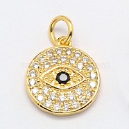 Flat Round with Evil Eye Brass Micro Pave Cubic Zirconia Charms, Cadmium Free & Nickel Free & Lead Free, Real 18K Gold Plated, 13x12x2mm, Hole: 3mm(ZIRC-F017-07G)