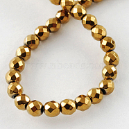 Non-magnetic Synthetic Hematite Beads Strands, Grade A, Faceted, Round, Golden Plated, 8x8mm, Hole: 1mm(G-Q890-8mm-3)