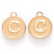 Golden Plated Alloy Enamel Charms, Cadmium Free & Lead Free, Enamelled Sequins, Flat Round with Letter, Wheat, Letter.C, 14x12x2mm, Hole: 1.5mm(X-ENAM-S118-06C)