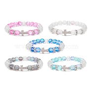 5Pcs 5 Color Synthetic Moonstone & Cat Eye & Cubic Zirconia Cross Beaded Stretch Bracelet for Women, Mixed Color, Inner Diameter: 2-1/8 inch(5.5cm), 1Pc/color(BJEW-JB08972)