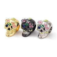 Rack Plating Brass European Beads, with Cubic Zirconia & Enamel, Large Hole Beads, Lead Free & Cadmium Free, Long-Lasting Plated, Sugar Skull for Mexico Day of the Dead, Mixed Color, 12x9x10mm, Hole: 4mm(KK-B076-18)