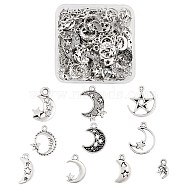 100Pcs 10 Style Tibetan Style Alloy Pendants, Moon with Star, Antique Silver, 17~22x7~18x1~3mm, Hole: 1.4~2mm, 10pcs/style(FIND-SZ0002-78)
