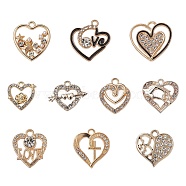 10Pcs 10 Style Alloy Pendants, with Crystal Rhinestone and ABS Plastic Imitation Pearl, Heart & Crown & Rabbit & Arrow Charms, Golden, 14~21.5x14~20x1.5~4mm, hole: 1.5~2mm, 1Pc/style(ALRI-YW0001-18G)