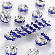 Rhinestone Spacer Beads, Grade A, Sapphire Rhinestone, Silver Color Plated, Nickel Free, about 6mm in diameter, 3mm thick, hole: 1mm(RSB028NF-15)