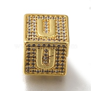 Brass Cubic Zirconia Beads, Letter U, Square, Letter U, 9.5x9.5x9.5mm, Hole: 6mm(KK-Q818-01U-G)