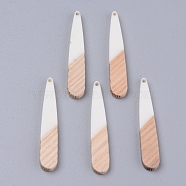 Resin & Walnut Wood Pendants, Teardrop, White, 44x7.5x3mm, Hole: 1.2mm(RESI-S358-40R)