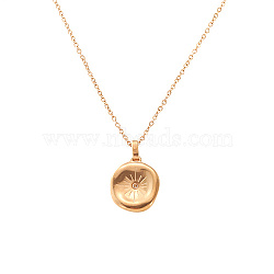Stainless Steel Rhinestone Pendant Neckalces, Flat Round with Sun, Rose Gold, 15.75 inch(40cm), Pendant: 18.4x16.33mm(ZQ2711-2)