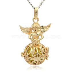 Golden Tone Brass Hollow Round Cage Pendants, with No Hole Spray Painted Brass Round Ball Beads, Round with Angel, Dark Khaki, 43x28x20mm, Hole: 3x8mm(KK-J238-05G)