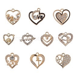 10Pcs 10 Style Alloy Pendants, with Crystal Rhinestone and ABS Plastic Imitation Pearl, Heart & Crown & Rabbit & Arrow Charms, Golden, 14~21.5x14~20x1.5~4mm, hole: 1.5~2mm, 1Pc/style(ALRI-YW0001-18G)