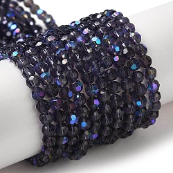 Electroplate Transparent Glass Beads Strands, Faceted, Round, Rainbow Plated, Violet, 4mm, Hole: 0.7mm, about 88~95pcs/strand, 12.99~14.06 inch(33~35.7cm)(EGLA-A035-T4mm-L15)