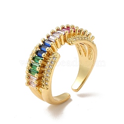 Colorful Cubic Zirconia Rectangle Open Cuff Ring, Brass Jewelry for Women, Cadmium Free & Lead Free, Real 18K Gold Plated, US Size 6(16.5mm)(RJEW-I092-07G)