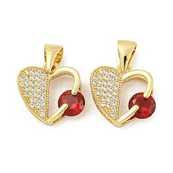 Brass Micro Pave Red Cubic Zirconia Pendants, Heart, Real 18K Gold Plated, 14.5x14.5x5mm, Hole: 6x3.5mm(ZIRC-P115-05G)