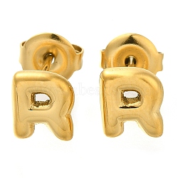 304 Stainless Steel Stud Earrings, Real 14K Gold Plated, Letter R, 7.5x6.5mm(EJEW-I316-01G-R)