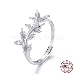 Anti-Tarnish Rhodium Plated 925 Sterling Silver Cuff Rings, Open Rings Components, For Half Drilled Beads, Branch, with 925 Stamp, Platinum, Size 7, 17.5mm, Pin: 0.8mm(STER-F048-14P)