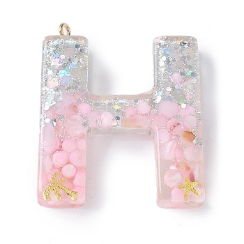 Resin Pendants, with Shell & Paillette & Gloden Alloy Loop, Letter A~B, Letter H, 42~44x11.5~57x7.5~8.5mm, Hole: 2mm