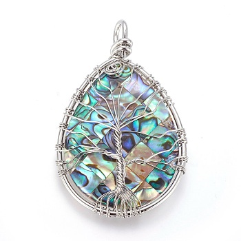 Abalone Shell/Paua Shell Wire Wrapped Big Pendants, with Brass Findings, teardrop, with Tree, Platinum, 55.5~57.5x34.5~35.5x7.5~9.5mm, Hole: 4.5x5.5mm