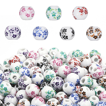 210Pcs 7 Colors Handmade Porcelain Beads, Round with Flower Pattern, Mixed Color, 10.5x9.5mm, Hole: 2.5mm, 30pcs/color