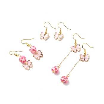 3 Pairs 3 Style Pink Alloy Enamel Charms & Resin Beads Dangle Earrings, Valentine Theme Brass Jewelry for Women, Golden, Butterfly Pattern, 26~69mm, Pin: 0.5mm