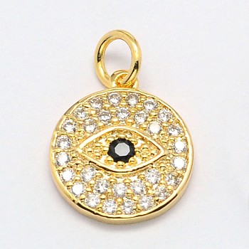 Flat Round with Evil Eye Brass Micro Pave Cubic Zirconia Charms, Cadmium Free & Nickel Free & Lead Free, Real 18K Gold Plated, 13x12x2mm, Hole: 3mm
