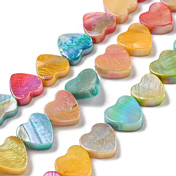 Electroplated Natural Freshwater Shell Beads Strands, Rainbow Color Heart, Colorful, 8.5x9x2~3mm, Hole: 0.9mm, about 41pcs/strand, 13.62 inch(34.6cm)
