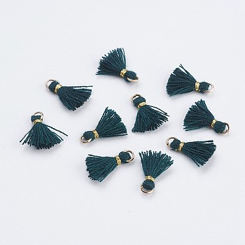 Nylon Tassels Pendant Decorations, Mini Tassel, with Golden Tone Iron Findings, Sea Green, 10.5~14.5x2.5~3mm, Hole: 2mm