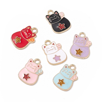 Alloy Enamel Pendants, Cat with Star Charm, Golden, Mixed Color, 18.5x12.5x1.5mm, Hole: 2mm