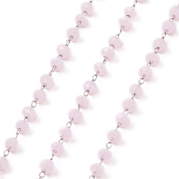 Glass Round Beaded Chain, with 304 Stainless Steel Findings, Unwelded, with Spool, Pink, 3.5x3mm, about 5m/Roll