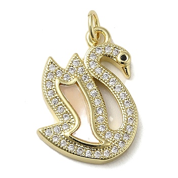 Brass Micro Pave Cubic Zirconia Pendants, with Shell, Swan, Real 18K Gold Plated, 20.5x14.5x3mm, Hole: 3.4mm