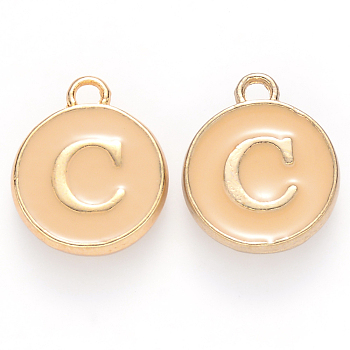 Golden Plated Alloy Enamel Charms, Cadmium Free & Lead Free, Enamelled Sequins, Flat Round with Letter, Wheat, Letter.C, 14x12x2mm, Hole: 1.5mm